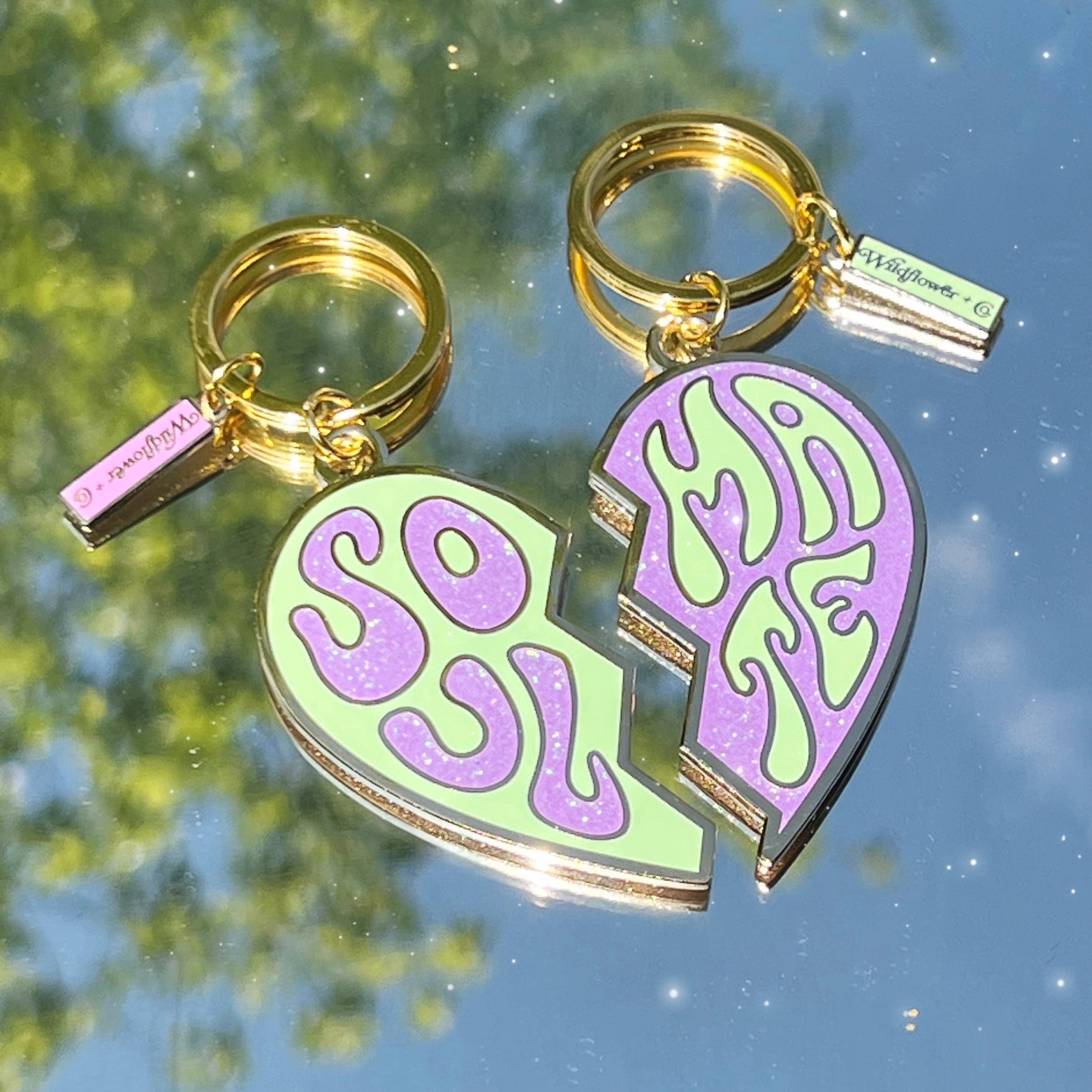 Soulmate Split Heart Keychain with a heart split into two halves, each with the word “soulmate.”