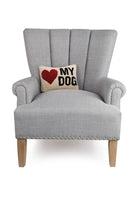 Hook pillow with red heart and black text reading “MY DOG” on a cream background.