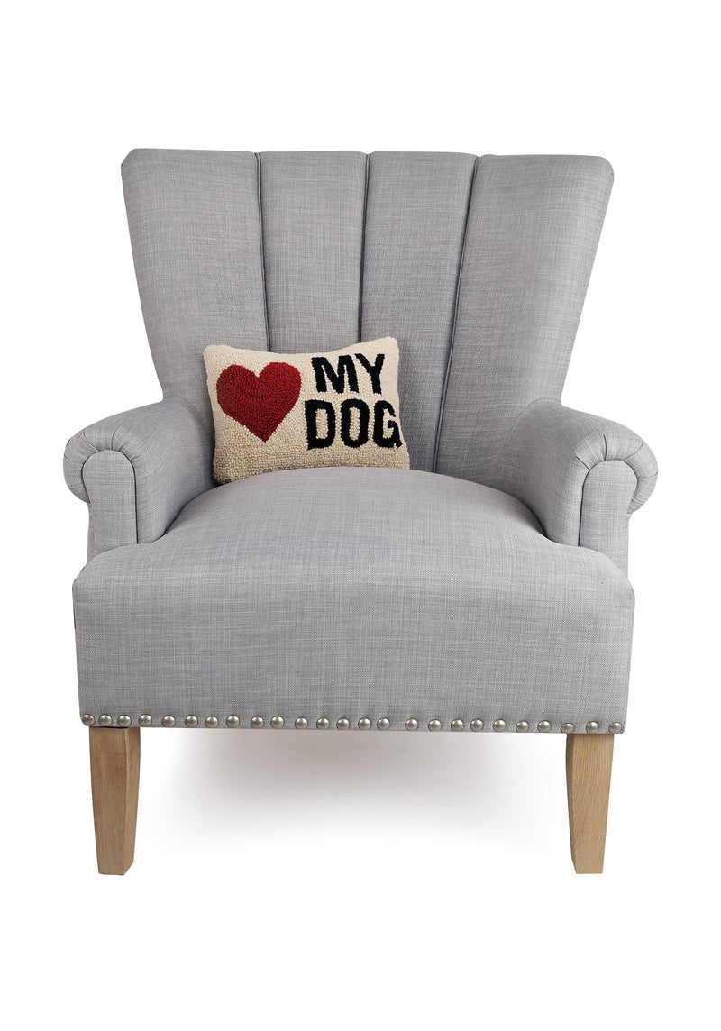 Hook pillow with red heart and black text reading “MY DOG” on a cream background.