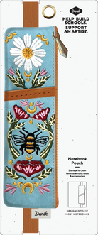 Honeybee Tea embroidered pouch with floral design on soft faux suede, featuring an elastic band that fits around most notebooks.
