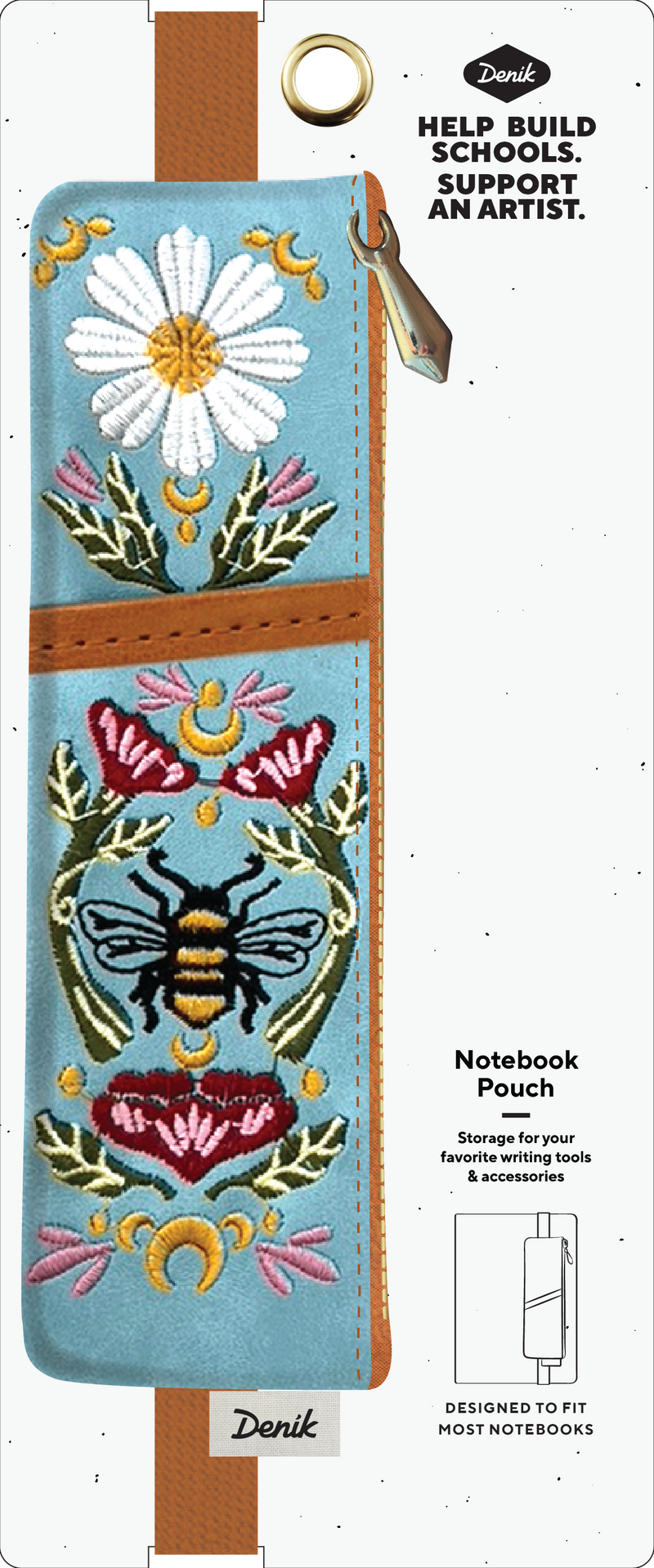 Honeybee Tea embroidered pouch with floral design on soft faux suede, featuring an elastic band that fits around most notebooks.
