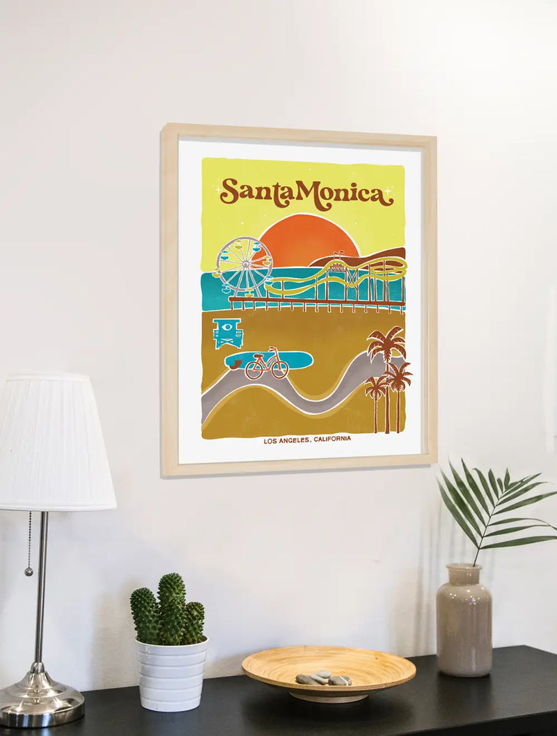 Artistic rendition of Santa Monica's lively pier, sun-drenched beaches, and coastal attractions, capturing its unmistakable charm.