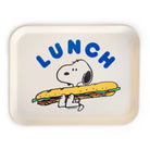 Cream-colored lunch tray featuring Snoopy holding a large sandwich, with the word “LUNCH” in bold blue letters above.