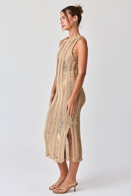 laddered knit dress Women's Orange Ladder Knit One Shoulder Maxi Dress