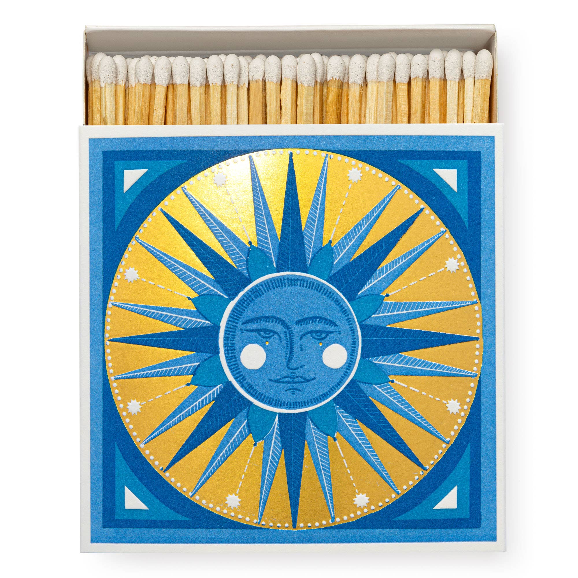 A square matchbox featuring a golden sun design.