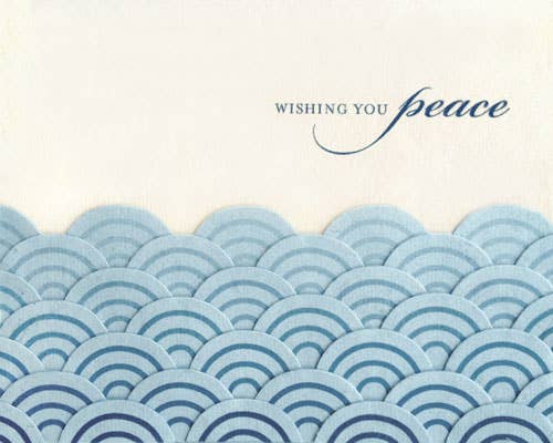 Text 'Wishing you peace' with a blue wave pattern on a beige background