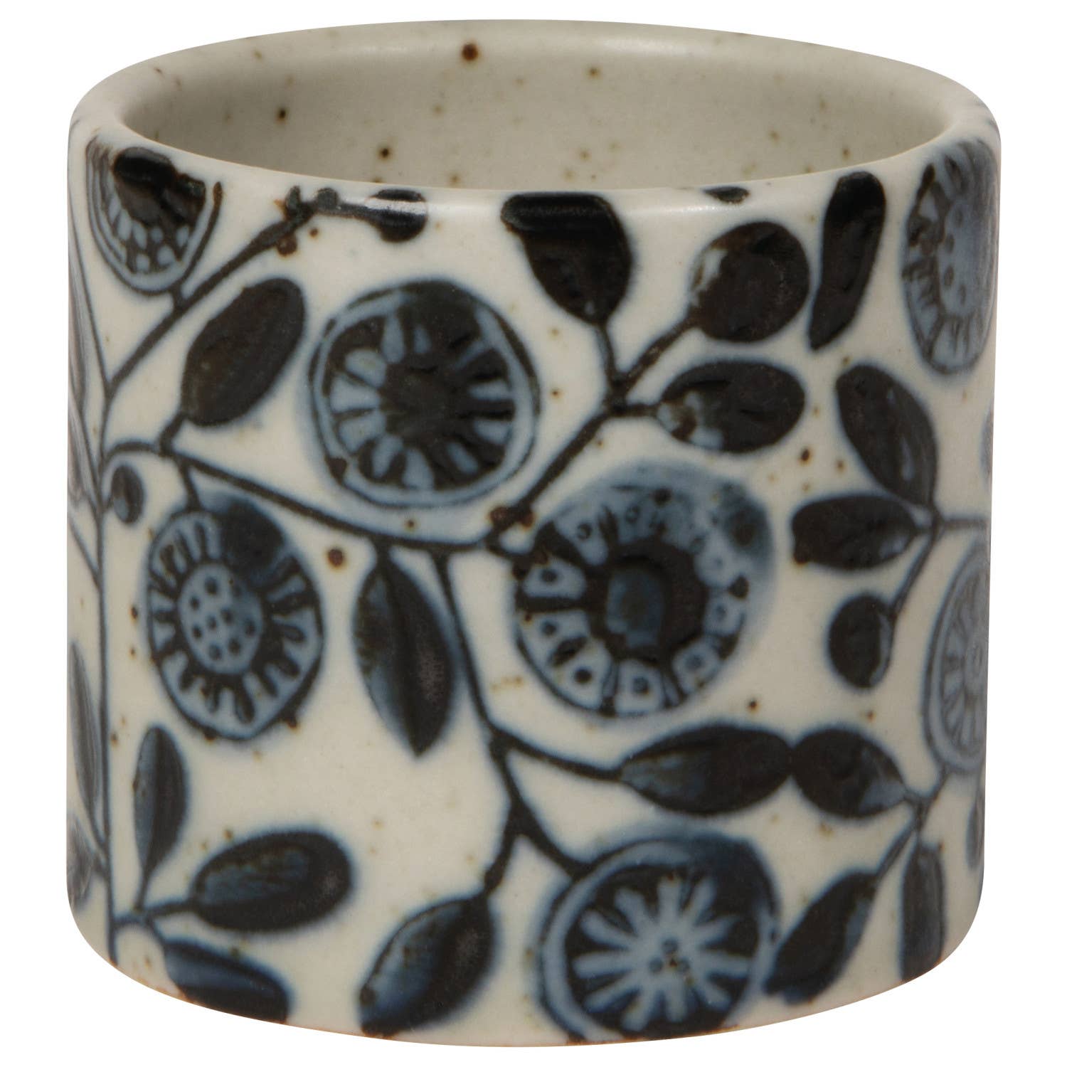 Ceramic cup with blue floral pattern on a white background