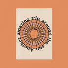 A greeting card with a retro-style sunburst design and the phrase "Another amazing trip around the sun" in bold, circular text.