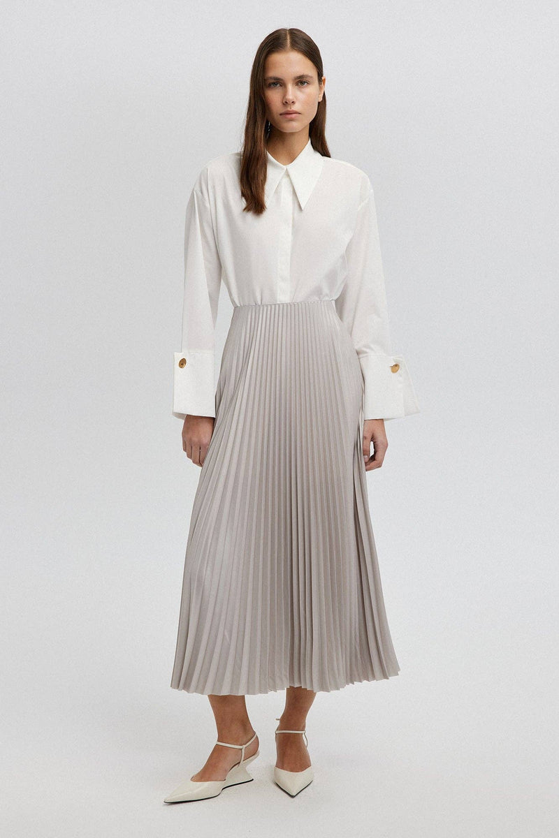 Model wearing a high-waisted pleated maxi skirt styled with a white blouse and pointed heels.