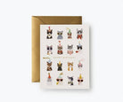 A birthday card featuring stylish illustrations of cats wearing party hats, sunglasses, and bowties, paired with a gold envelope.