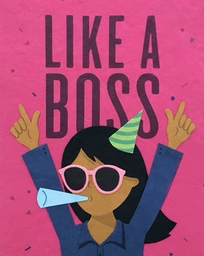 Illustration of a person with a party hat and sunglasses on a pink background with 'LIKE A BOSS' text.