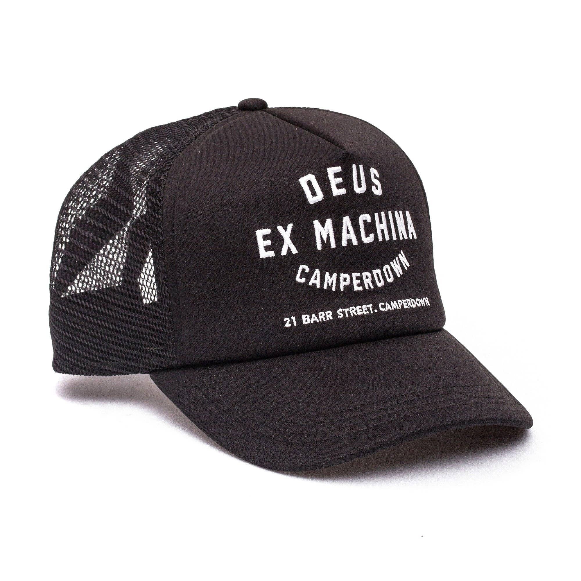 Black cap with mesh back and white text on a white background