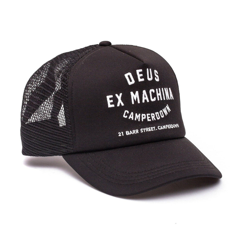 Black cap with mesh back and white text on a white background