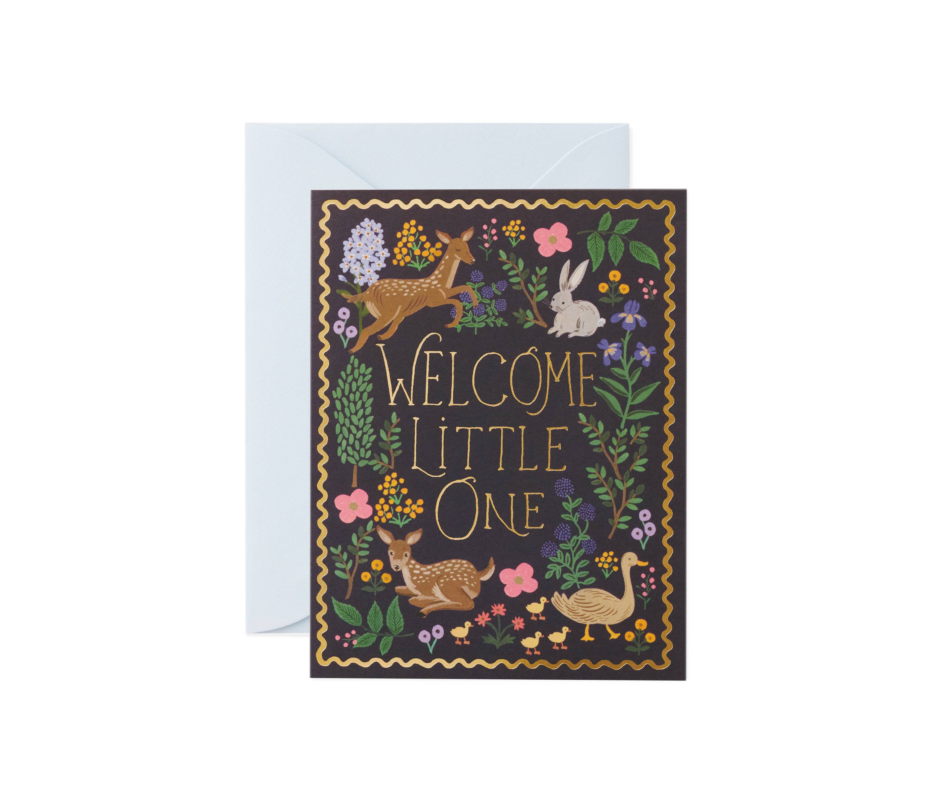 "Welcome Little One" baby greeting card with gold lettering, woodland animals, and floral details, paired with a pastel envelope.