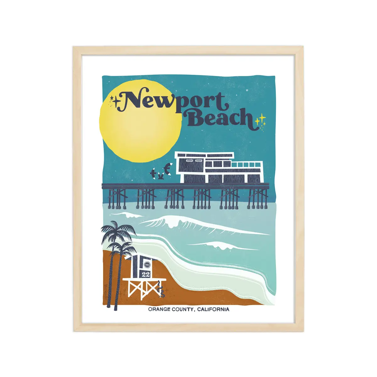 Artistic print highlighting Newport Beach's elegant marinas, lively boardwalks, and iconic pier, embodying its coastal sophistication.