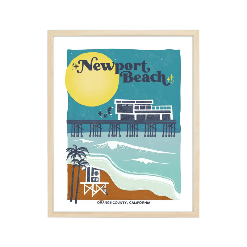 Artistic print highlighting Newport Beach's elegant marinas, lively boardwalks, and iconic pier, embodying its coastal sophistication.