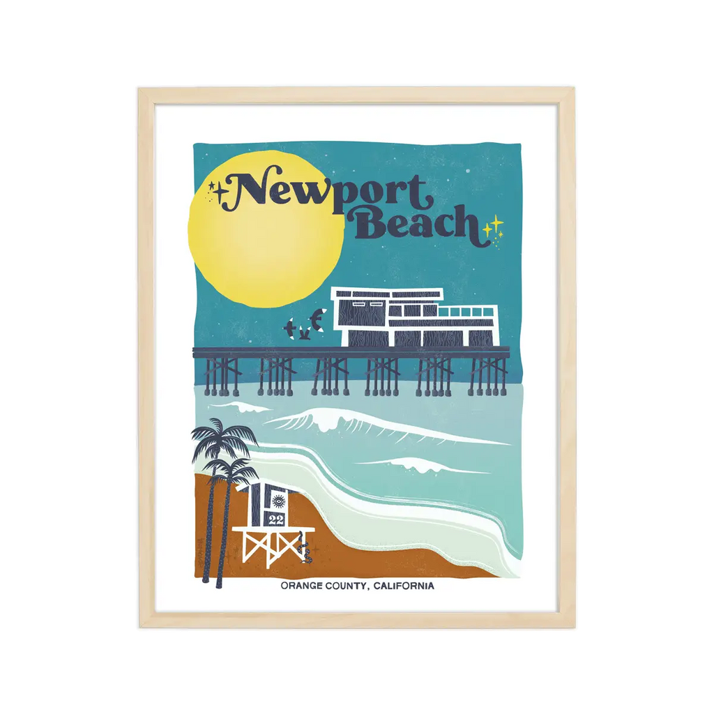 Artistic print highlighting Newport Beach's elegant marinas, lively boardwalks, and iconic pier, embodying its coastal sophistication.