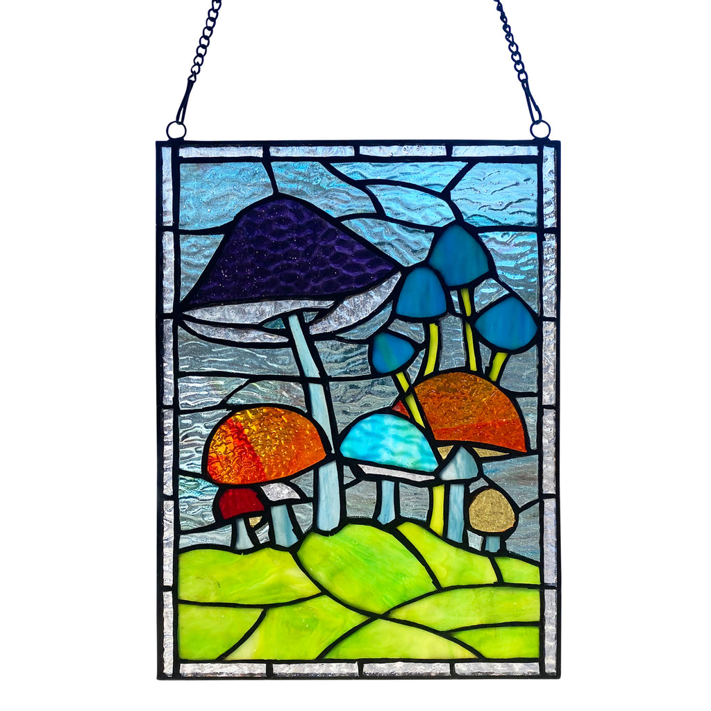 Mushrooms Stained Glass Mosaic - Handcrafted mosaic featuring a medley of vibrant mushrooms for a whimsical touch.
