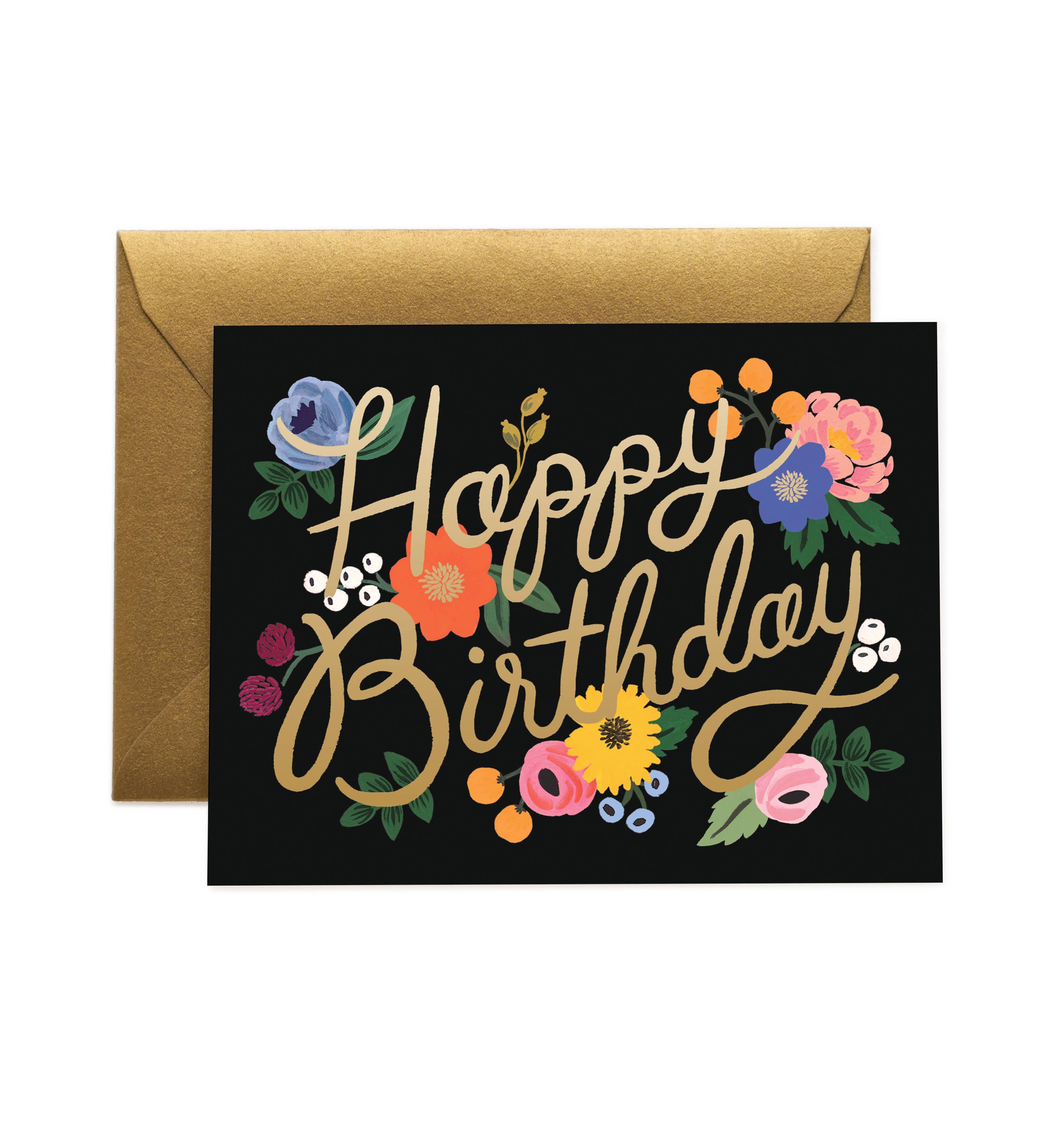 Elegant floral Happy Birthday card with gold foil lettering, colorful flowers, and a gold envelope for a sophisticated touch.