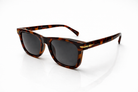 Sunglasses with tortoiseshell frame and dark lenses on a white background