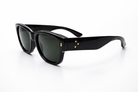 Black sunglasses with gold accents on a white background