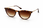 Sunglasses with tortoiseshell frame and brown gradient lenses on a white background