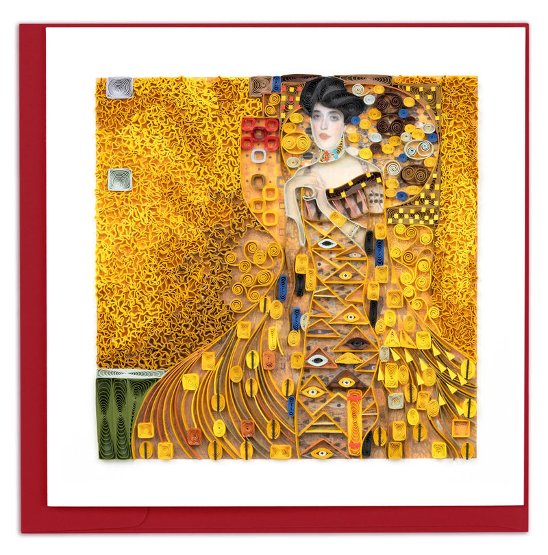 Artistic depiction of a woman in a stylized, decorative dress with geometric patterns on a yellow background.