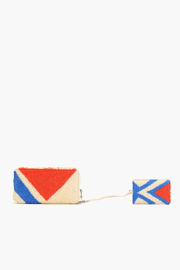 Beaded wallet and cardholder set with red, blue, and cream geometric design.