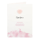Rose Quartz Greeting Card featuring a small rose quartz heart attached to a card with the text ‘I Love You x’ and a description of rose quartz properties.