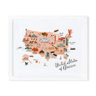 Framed illustrated United States map print featuring iconic landmarks and regional symbols in a modern, artistic style.