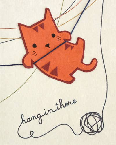 Illustration of a cat hanging from yarn with 'hang in there' text on a beige background