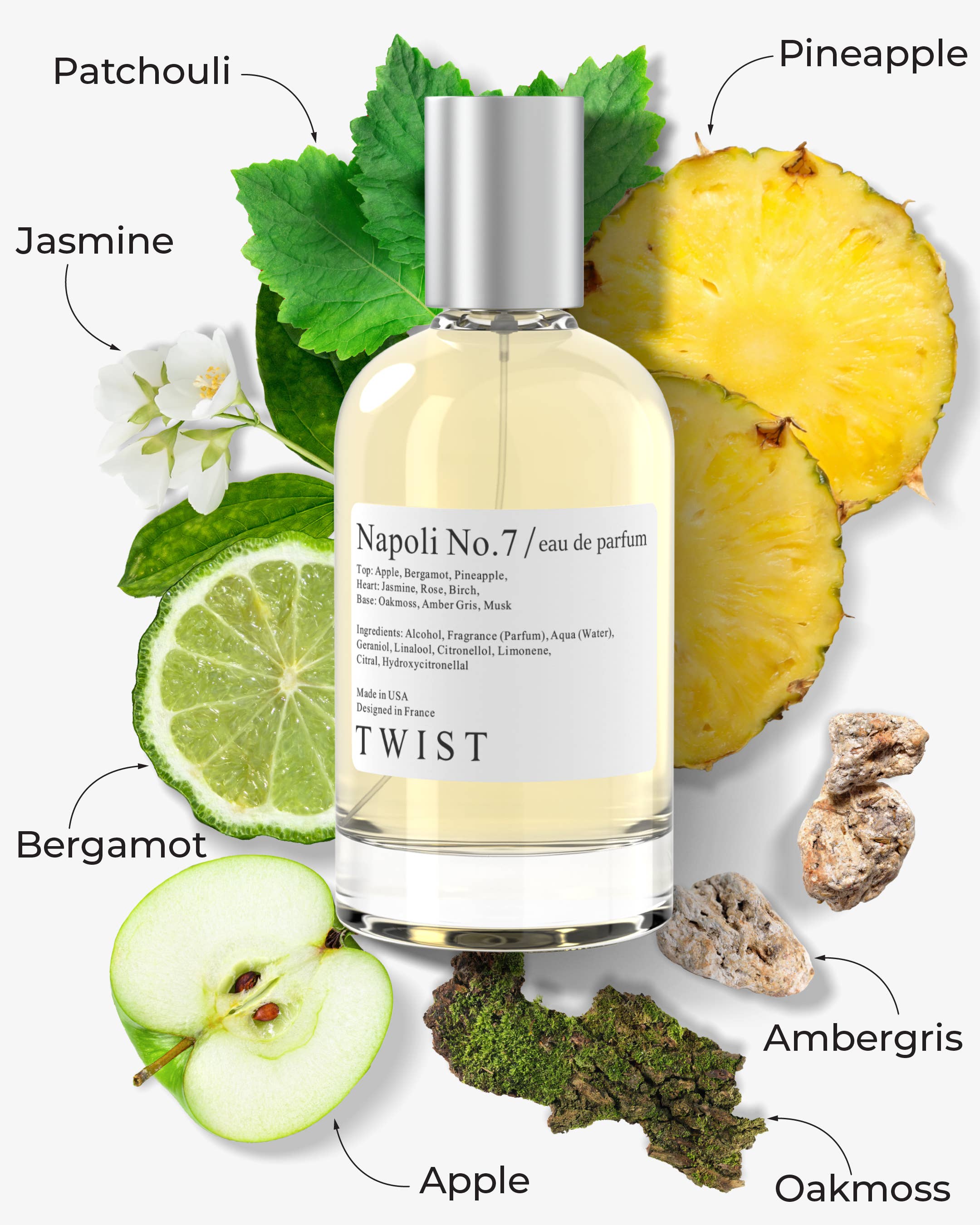 Bottle of Napoli No. 7 Eau De Parfum, featuring notes of apple, bergamot, jasmine, oakmoss, and musk for a fresh and sophisticated fragrance.