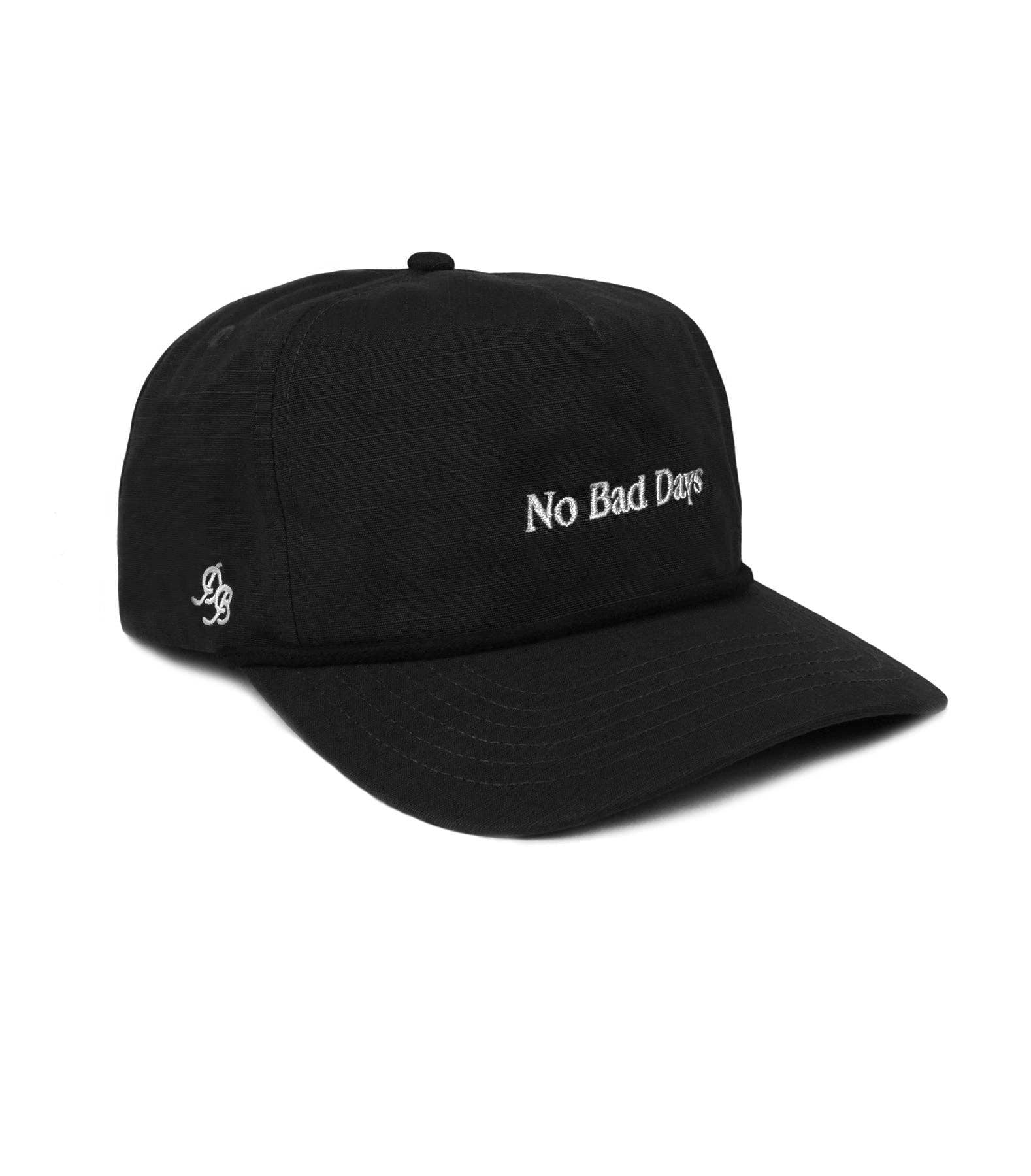 Black cap with 'No Bad Days' text on a white background