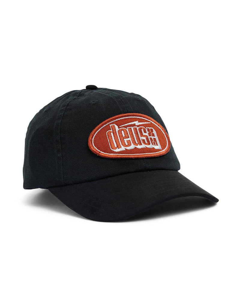 Black cap with a red and white logo on a white background