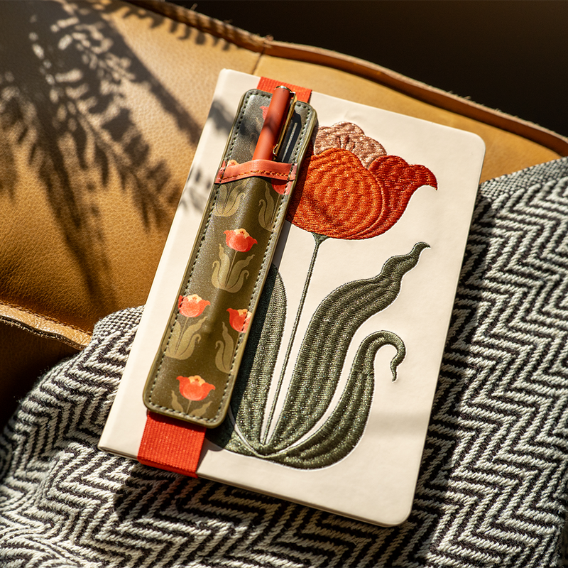 Embroidered tulip design notebook with a matching vegan leather pouch.