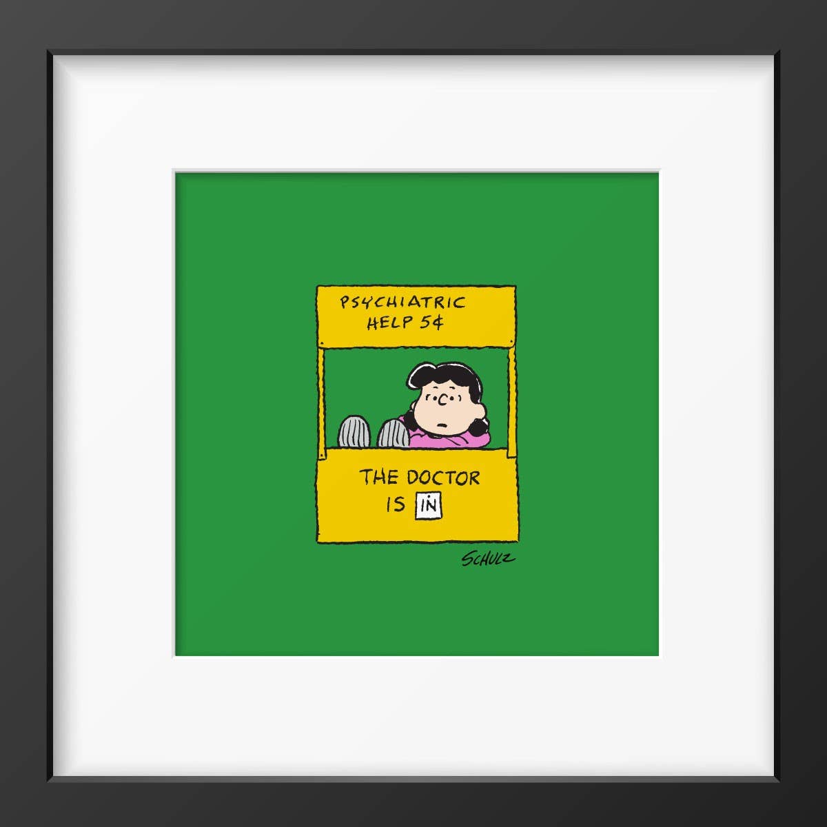 Framed artwork of a comic character sitting at a "Psychiatric Help 5¢" booth on a green background.

