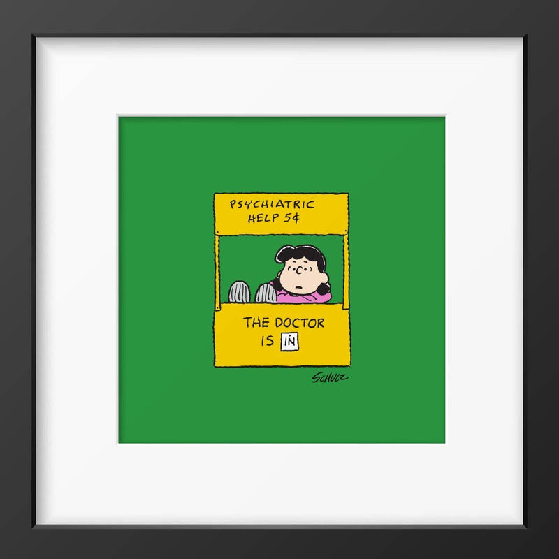 Framed artwork of a comic character sitting at a "Psychiatric Help 5¢" booth on a green background.
