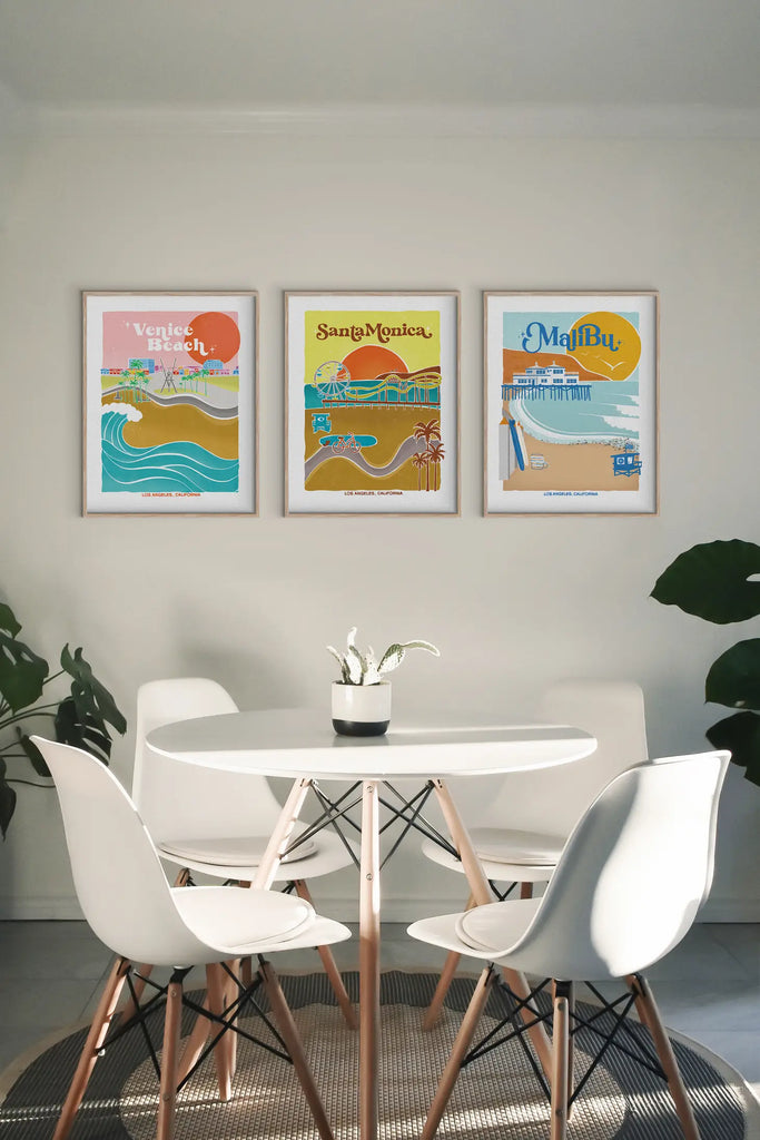 Elegant print illustrating Malibu's pristine beaches, waves, and coastal charm, celebrating its Californian essence.