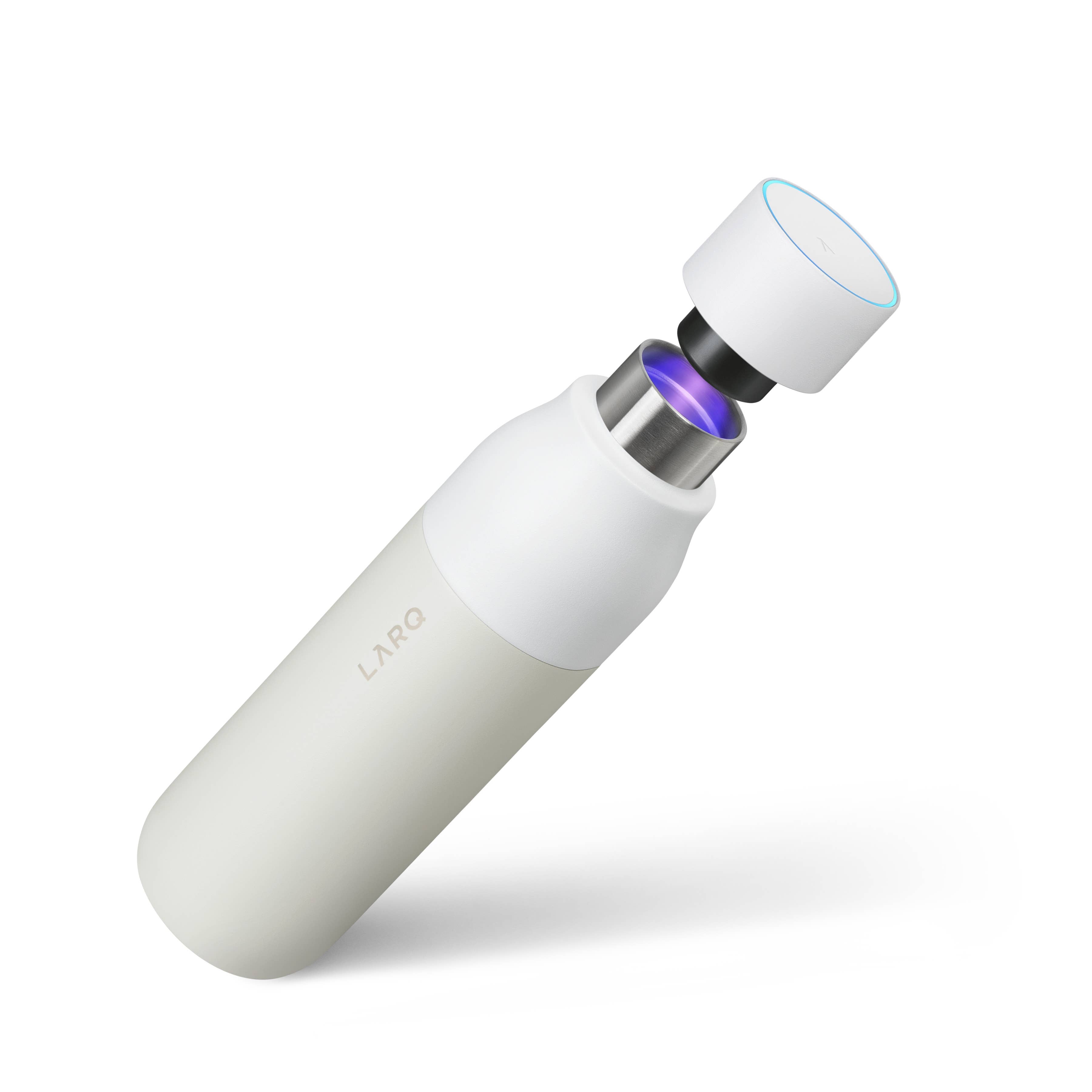 LARQ white water bottle with UV-C LED cap active, floating on a white background.