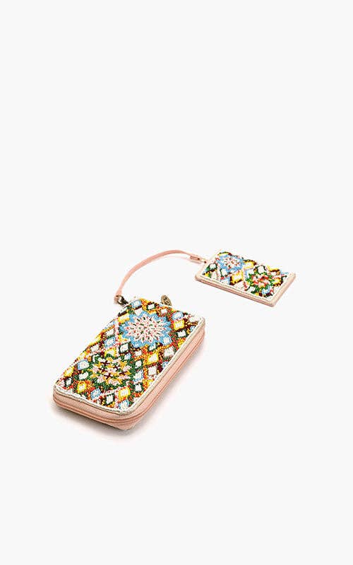 Beaded wallet and card holder set with colorful geometric and floral patterns in earthy and pastel tones.
