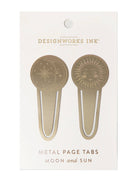 "Celestial" metal page tabs featuring a sun and moon design in brass on a white background.
