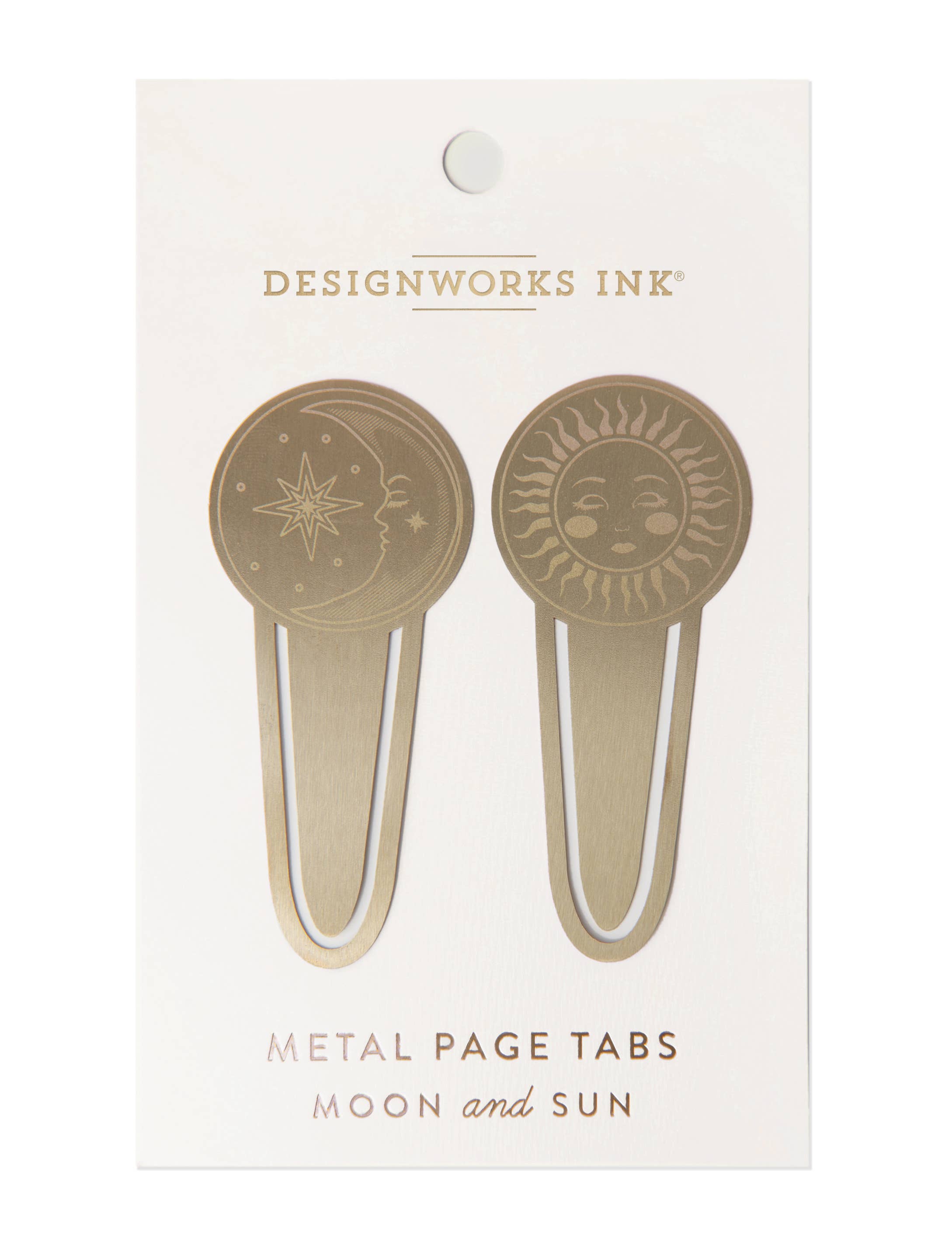 "Celestial" metal page tabs featuring a sun and moon design in brass on a white background.