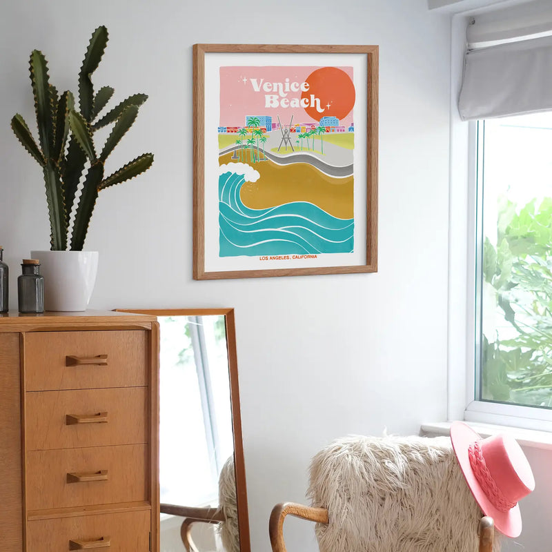 Artistic representation of Venice Beach's vibrant boardwalk and serene waves, capturing the essence of California's coastal gem.