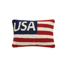 Hook pillow with USA text and American flag design in red, white, and blue colors.