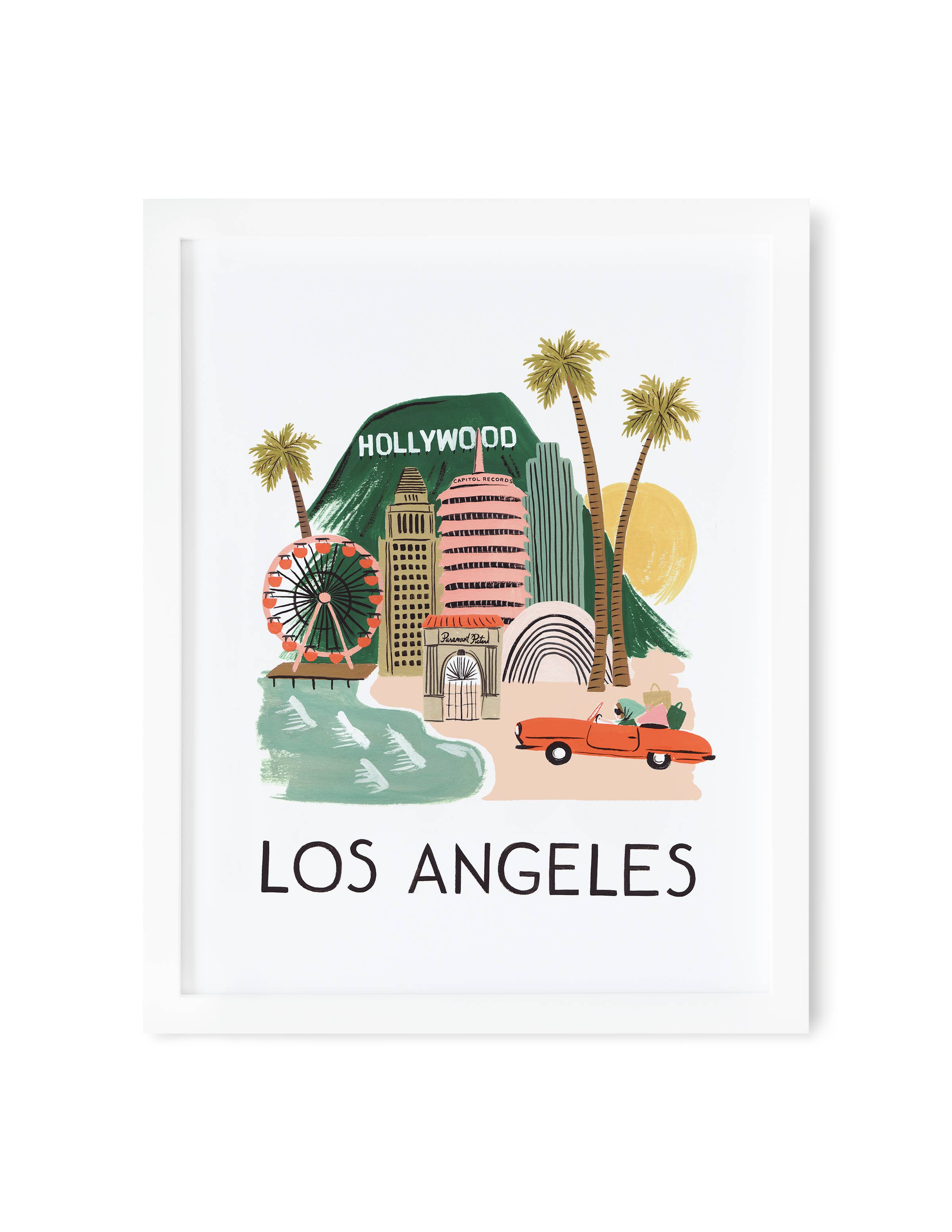 Framed Los Angeles print featuring the Hollywood sign, palm trees, a Ferris wheel, and coastal city landmarks in a colorful illustration.