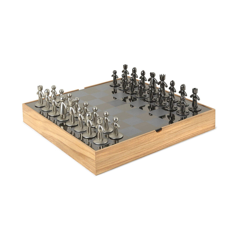 Modern Buddy chess set with mirrored board and gunmetal and silver figure pieces