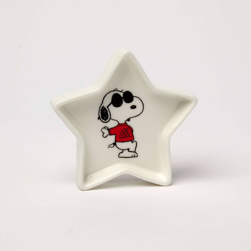 Star-shaped ceramic trinket dish featuring a black-and-white beagle wearing sunglasses and a red "Joe Cool" shirt, packaged in a blue and red gift box.