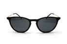 Black sunglasses with gold accents on a white background