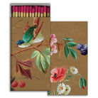 Nature-inspired decorative matchbox with bird, flowers, and berries on kraft paper background.