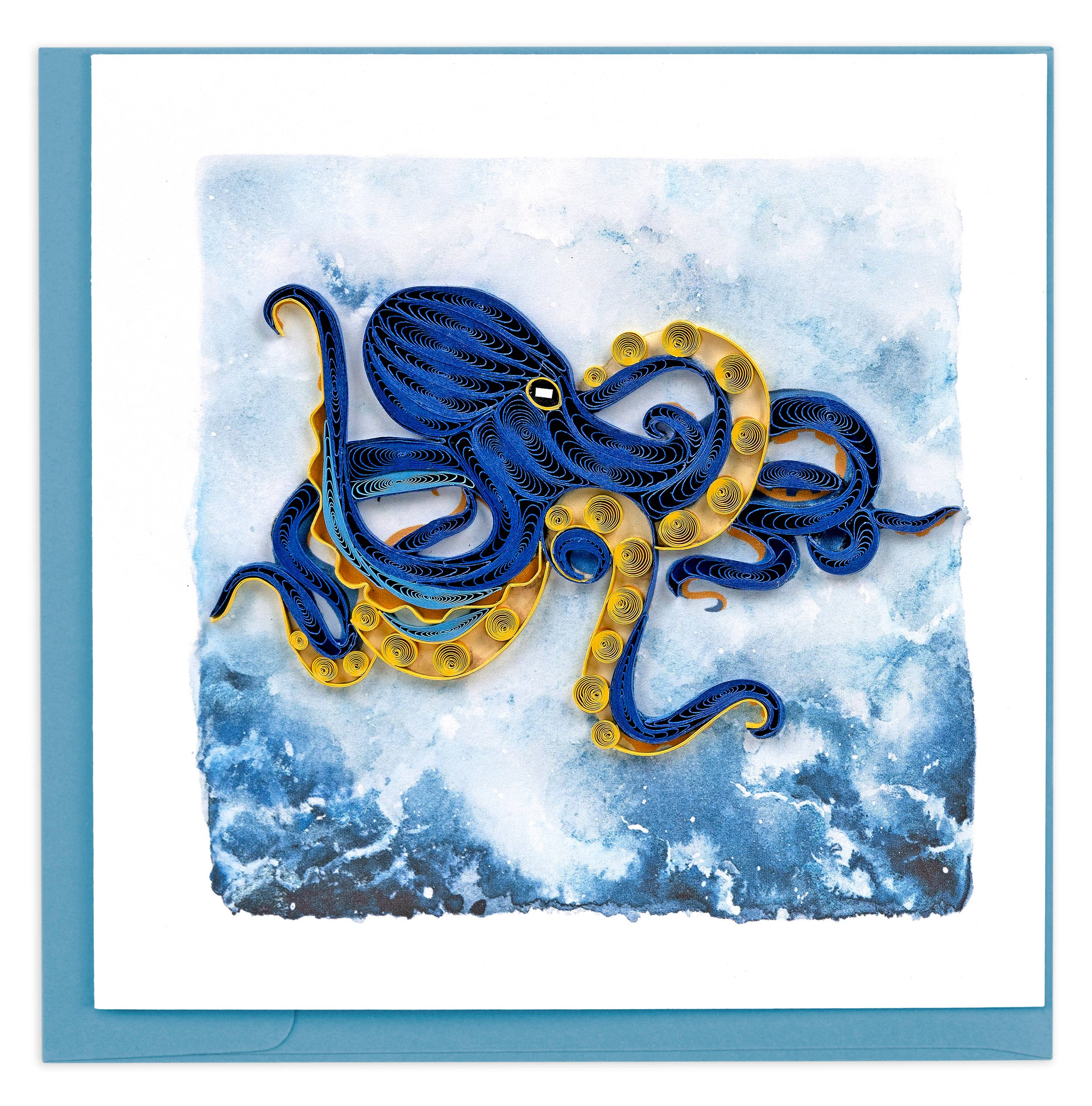 Quilled blue and gold octopus on a textured blue background
